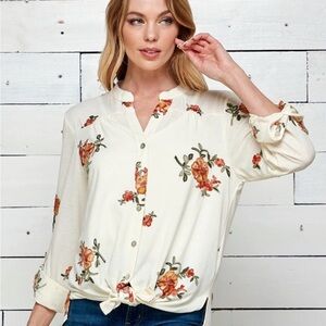 Fig & Flower Long Sleeve Button Up Shirt Size XXL White Floral Embroidered